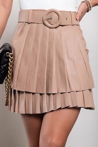 Faux leather pleated miniskirt with belt Chiqui, brown