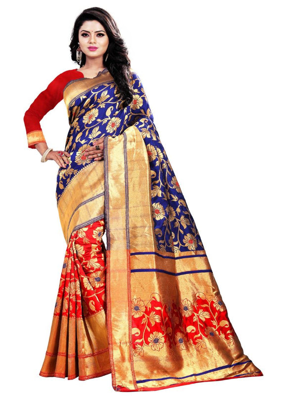 Bule,Red Color Jacquard Saree with Blouse