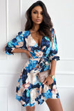 Blue Abstract Floral Long Sleeve Tied Ruffle Dress