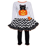 AnnLoren Girls' Halloween Pumpkin and Kitten Knit Dress Set