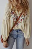 Embroidered Notched Long Sleeve Blouse