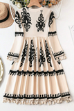 Beige Western Pattern Print Tasseled Notch V Neck Mini Dress