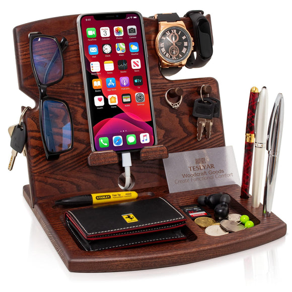 Wood Phone Docking Station Ash Hooks Key Holder Wallet Watch Stand