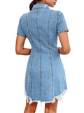 Raw Hem Button Up Short Sleeve Denim Dress