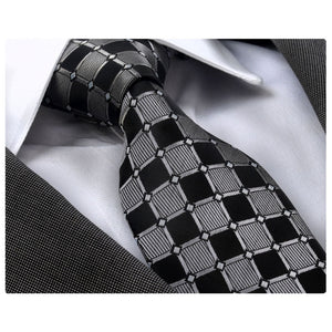 Men's Fashion Gray Black Squares Silk Neck Tie With Gift Box