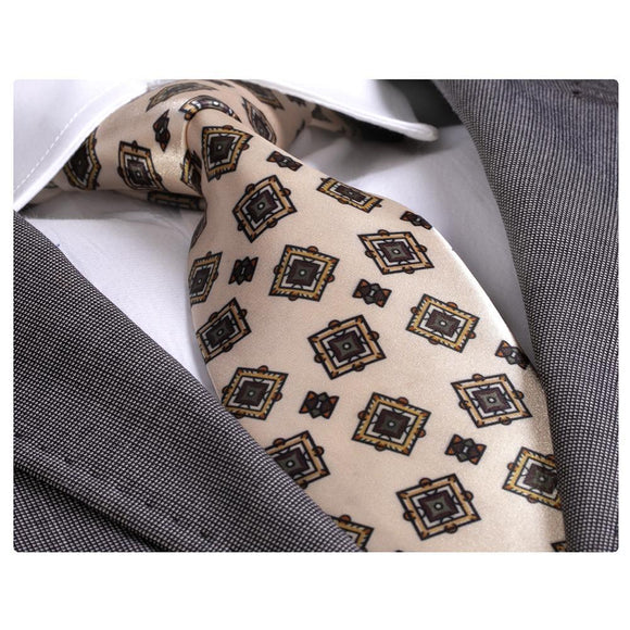 Amedeo Exclusive Men's Fashion Cream Check With Turquoise Silk Neck