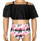 AL Limited Girls 2 piece Black Ruffle Top Pink Flamingos Bikini