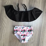 AL Limited Girls 2 piece Black Ruffle Top Pink Flamingos Bikini