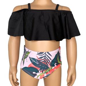 Girls 2 piece Black Ruffle Pink Tropical Bikini bathing suit