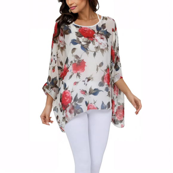 Womens Rose Floral Print Chiffon Top