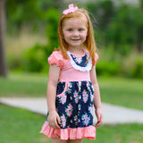 Girls Pink & Blue Floral Bouquet Short Sleeve ruffle Party Dress