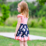 Girls Pink & Blue Floral Bouquet Short Sleeve ruffle Party Dress