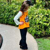 Girls Orange Pumpkin Top & Black Ruffle Pants Halloween Thanksgiving