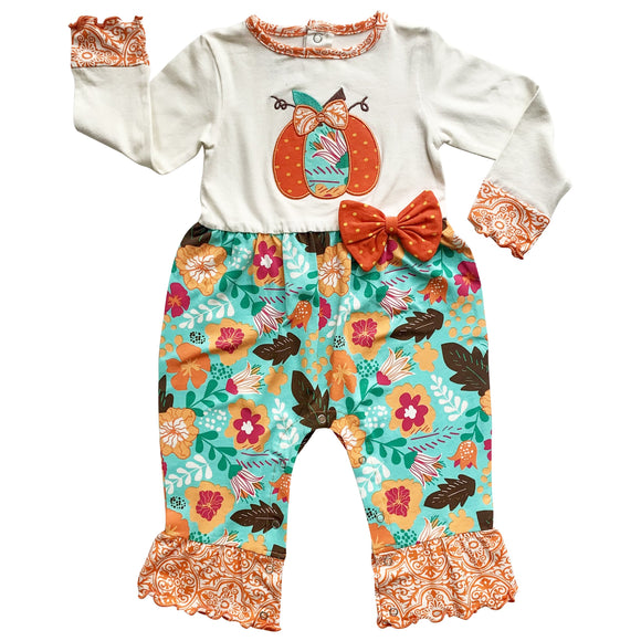 AnnLoren Baby Toddler Girls Thanksgiving Autumn Orange Pumpkin Romper