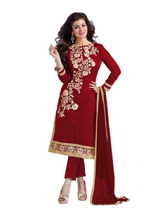 Women's Maroon Chanderi Embroidered Dress Material