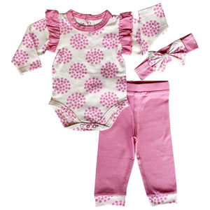 AnnLoren Baby Girls Layette Pink Polka Dot Onesie Pants Headband 3pc