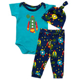 AnnLoren Baby Boys Layette Space Ship Onesie Pants Cap 3pc Gift Set