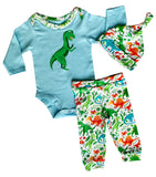 AnnLoren Baby Layette Boys Dinosaur Long Sleeve Onesie Pants Cap 3pc