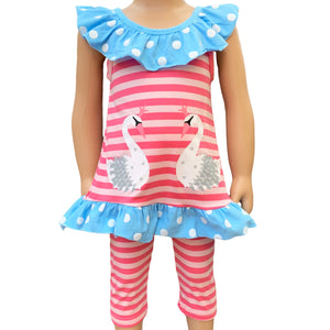 Girls Pink Swan Princess Striped Tunic and Capri Leggings Outfit