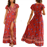 Womens Wrap Style V Neck Floral Maxi Dress