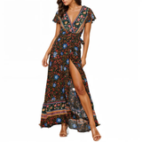 Womens Wrap Style V Neck Floral Maxi Dress