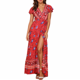 Womens Wrap Style V Neck Floral Maxi Dress