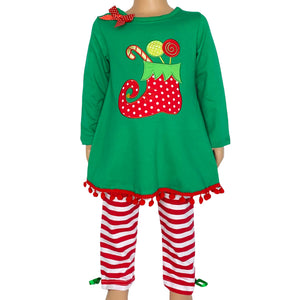 Girls Christmas Holiday Elf Stocking Top & Stripe Pants Outfit Set