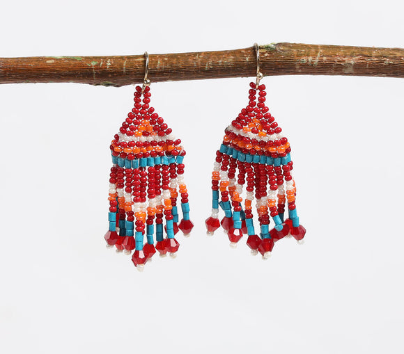 Czech Seed Beads Red Dangle Earrings