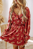 Red Clay Floral Print Shirred Waist Ruffled Trim V Neck Mini Dress