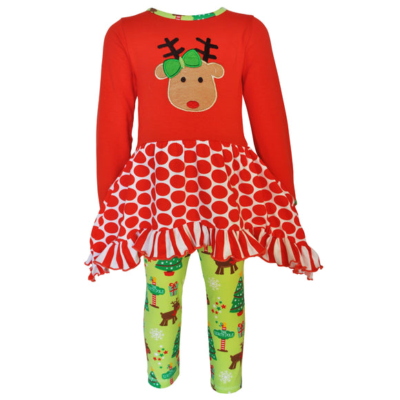 AnnLoren Girls Christmas Reindeer Tunic and Holiday Legging Set