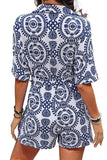 Blue Mandala Printed Short Sleeve Belted Shirt Romper