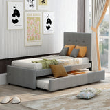 Linen Upholstered Platform Bed With Headboard and Trundle, Twin