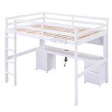 Full Size Loft Bed with Desk, Cabinets, Drawers and Bedside Tray, Charging Station, White