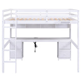 Full Size Loft Bed with Desk, Cabinets, Drawers and Bedside Tray, Charging Station, White