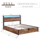 Lift-up Storage Bed Frame, Full Size Bed Frame with Bookcase Headboard & LED Lights, Wooden Platform Bed Frame with Charging Station, No Spring Box Needed, Rustic Brown