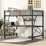 Full Size Loft Metal&MDF Bed with Desk and Shelf, Black