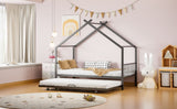 Twin Size Metal House Bed with Twin Size Trundle, Black