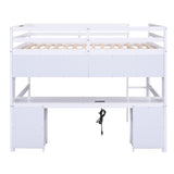 Full Size Loft Bed with Desk, Cabinets, Drawers and Bedside Tray, Charging Station, White