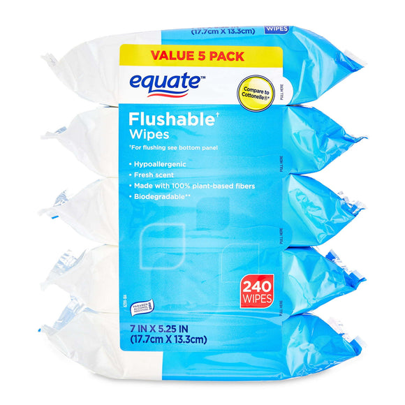 Equate Fresh Scent Flushable Wipes, 5 Resealable Packs (240 Total Wipes)