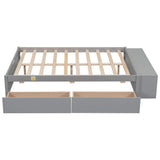 Full Size Bed with Storage Case, 2 Storage drawers, Lengthwise Support Slat,Grey