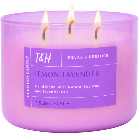 Lemon Lavender 3-Wick Candle Natural Soy Wax Candle for Home, 15.8 Oz Large Aromatherapy Candle for Relaxation, Scented Candle for Women and Men, Luxury Candle Gift for Him and Her