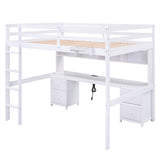 Full Size Loft Bed with Desk, Cabinets, Drawers and Bedside Tray, Charging Station, White