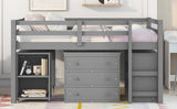 Low Study Full Loft Bed with Cabinet ,Shelves and Rolling Portable Desk ,Multiple Functions Bed- Gray