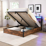 Lift-up Storage Bed Frame, Full Size Bed Frame with Bookcase Headboard & LED Lights, Wooden Platform Bed Frame with Charging Station, No Spring Box Needed, Rustic Brown