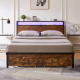 Full Size Metal Platform Bed Frame with Wooden Headboard and Footboard with USB,Charging Station,2 Drawers,LED Lights, No Box Spring Needed, Easy Assemble