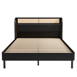 Modern Cannage Rattan Wood Platform Queen Bed, Black