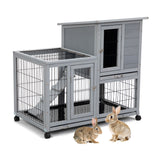 Detachable Rabbit Hutch with Removable Tray and Rolling Casters, Gray+White