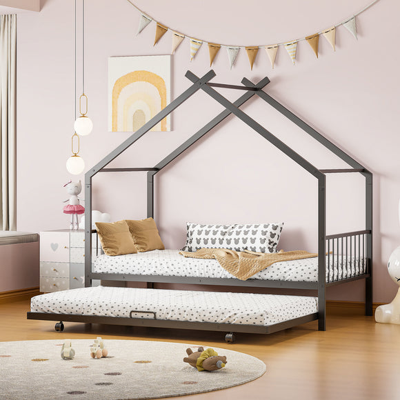 Twin Size Metal House Bed with Twin Size Trundle, Black