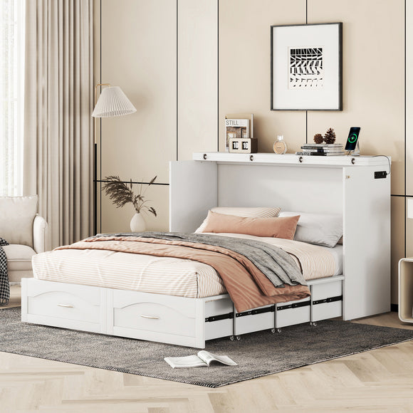 Queen Size Murphy Bed Wall Bed with drawer and a set of Sockets & USB Ports, Pulley Structure Design, White