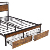 Full Size Metal Platform Bed Frame with Wooden Headboard and Footboard with USB,Charging Station,2 Drawers,LED Lights, No Box Spring Needed, Easy Assemble